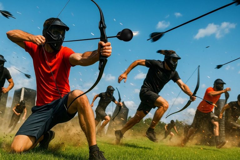 Arrowtag Gruppe von Personen mit Bogen und Masken, die in einer Wettkampfumgebung spielen.